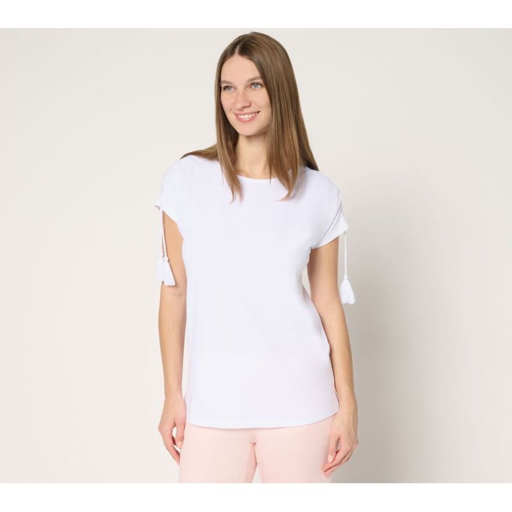 Bernini Women's Top Sz M Slub Knit Ruched Sleeve w Tassels White A688227